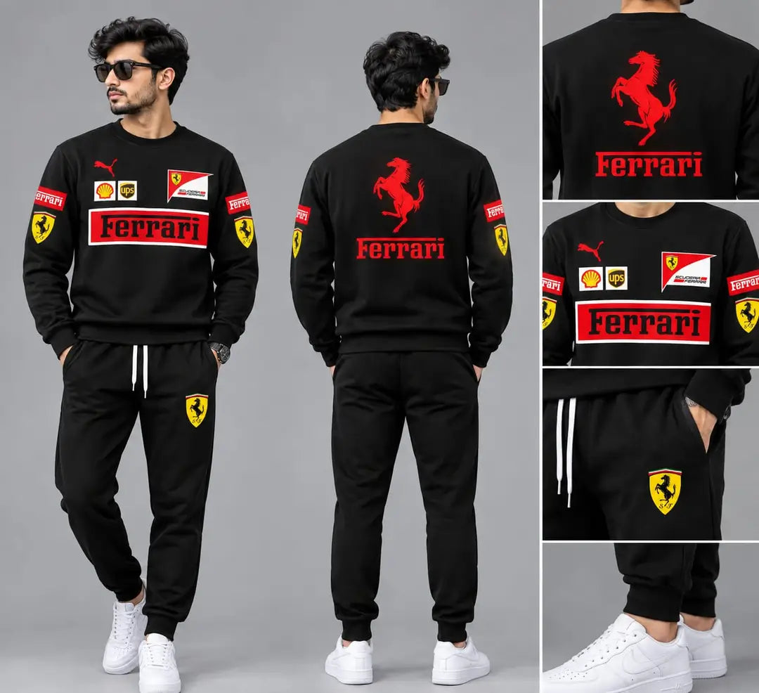 Men's Black Ferrari Printed  Fleece Sweatshirt Track Suit – Men’s Premium Casual Style