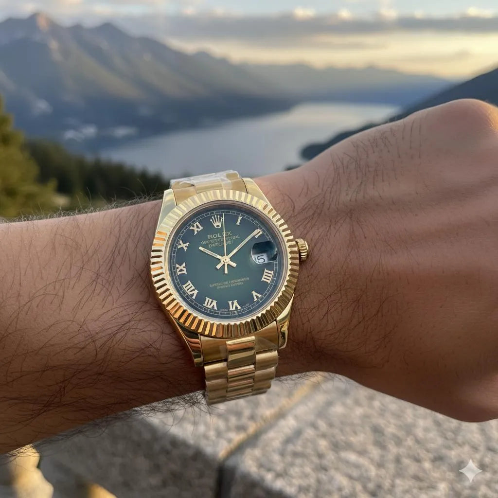 Men’s Luxury Gold Chain Watch with Olive Green Dial – Automatic Style Fluted Bezel Wristwatch