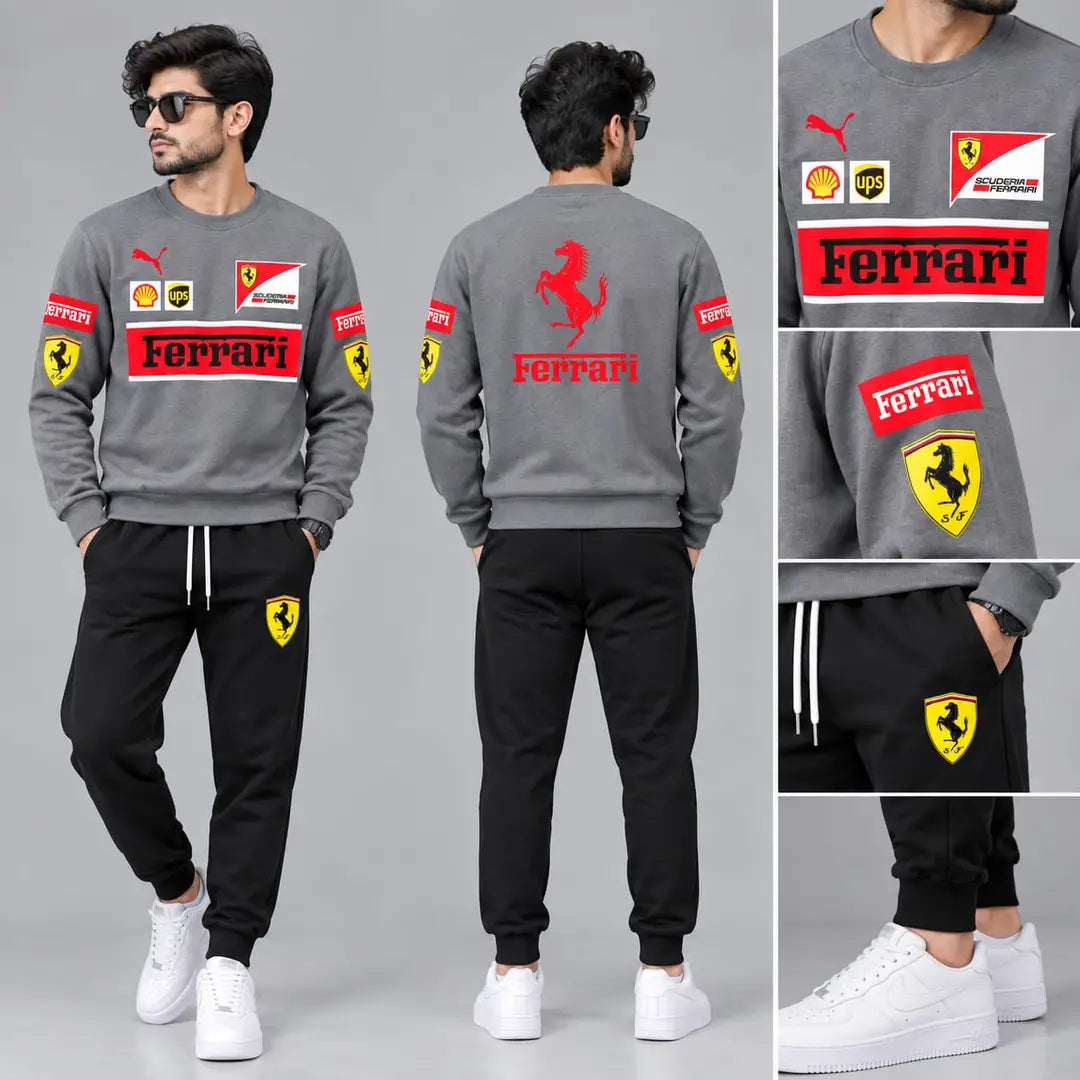 Ferrari Printed Grey Fleece Sweatshirt Track Suit – Men’s Premium Casual Style