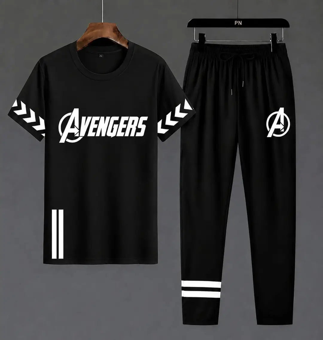 Men's 2-Piece Dri Fit Printed Track Suit – Round Neck Half Sleeve Shirt & Trouser Set (Black)