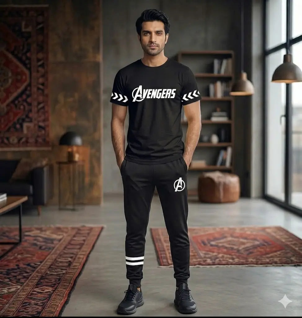 Men's 2-Piece Dri Fit Printed Track Suit – Round Neck Half Sleeve Shirt & Trouser Set (Black)