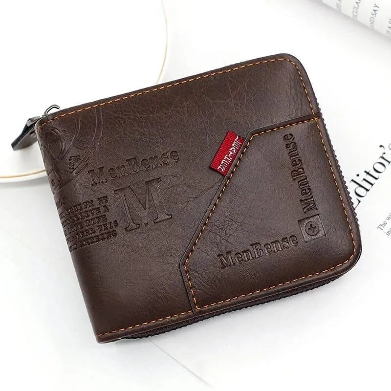 Men's Zipper Wallet Brown Black Leather M Logo