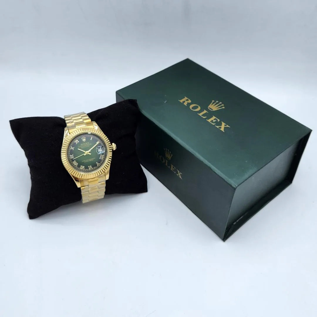 Men’s Luxury Gold Chain Watch with Olive Green Dial – Automatic Style Fluted Bezel Wristwatch