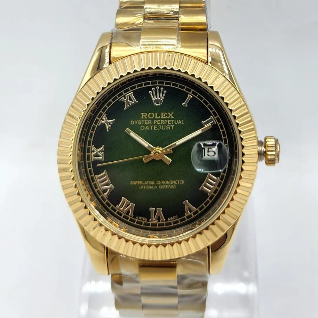 Men’s Luxury Gold Chain Watch with Olive Green Dial – Automatic Style Fluted Bezel Wristwatch