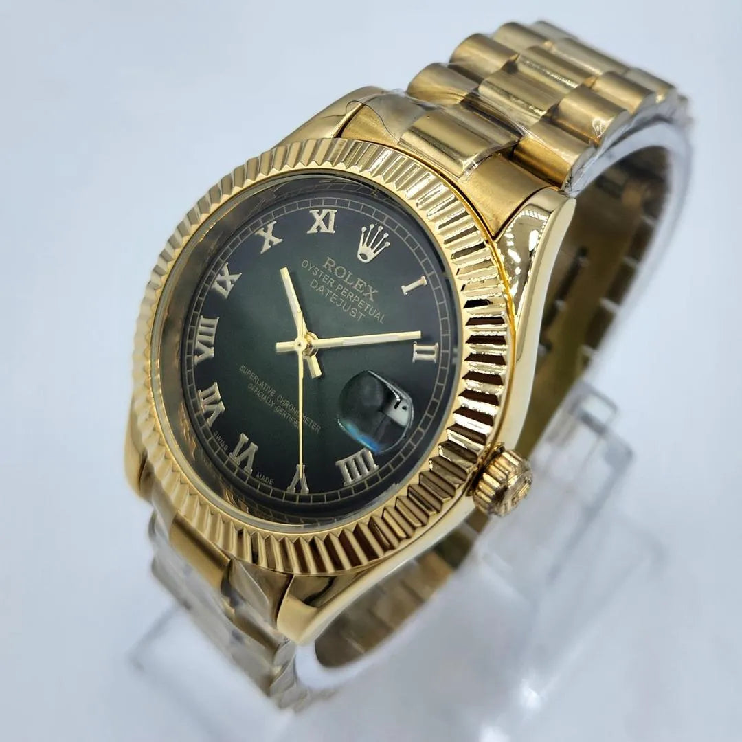 Men’s Luxury Gold Chain Watch with Olive Green Dial – Automatic Style Fluted Bezel Wristwatch