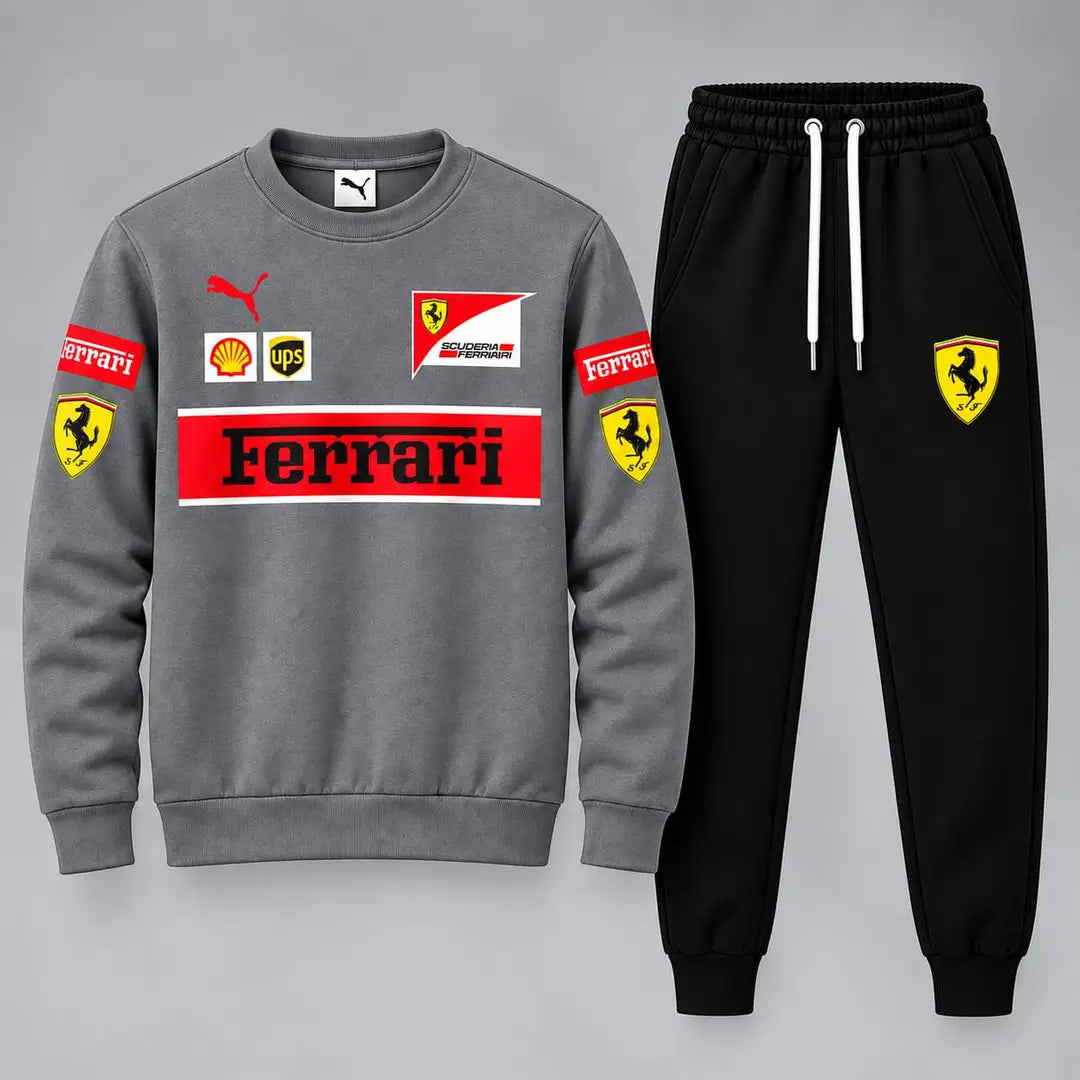 Ferrari Printed Grey Fleece Sweatshirt Track Suit – Men’s Premium Casual Style