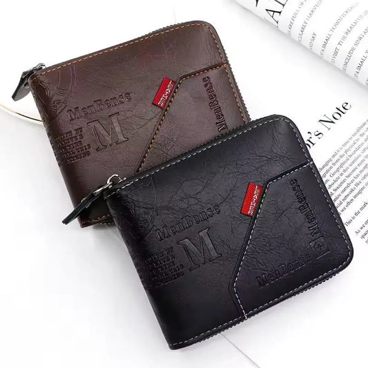 Men's Zipper Wallet Brown Black Leather M Logo