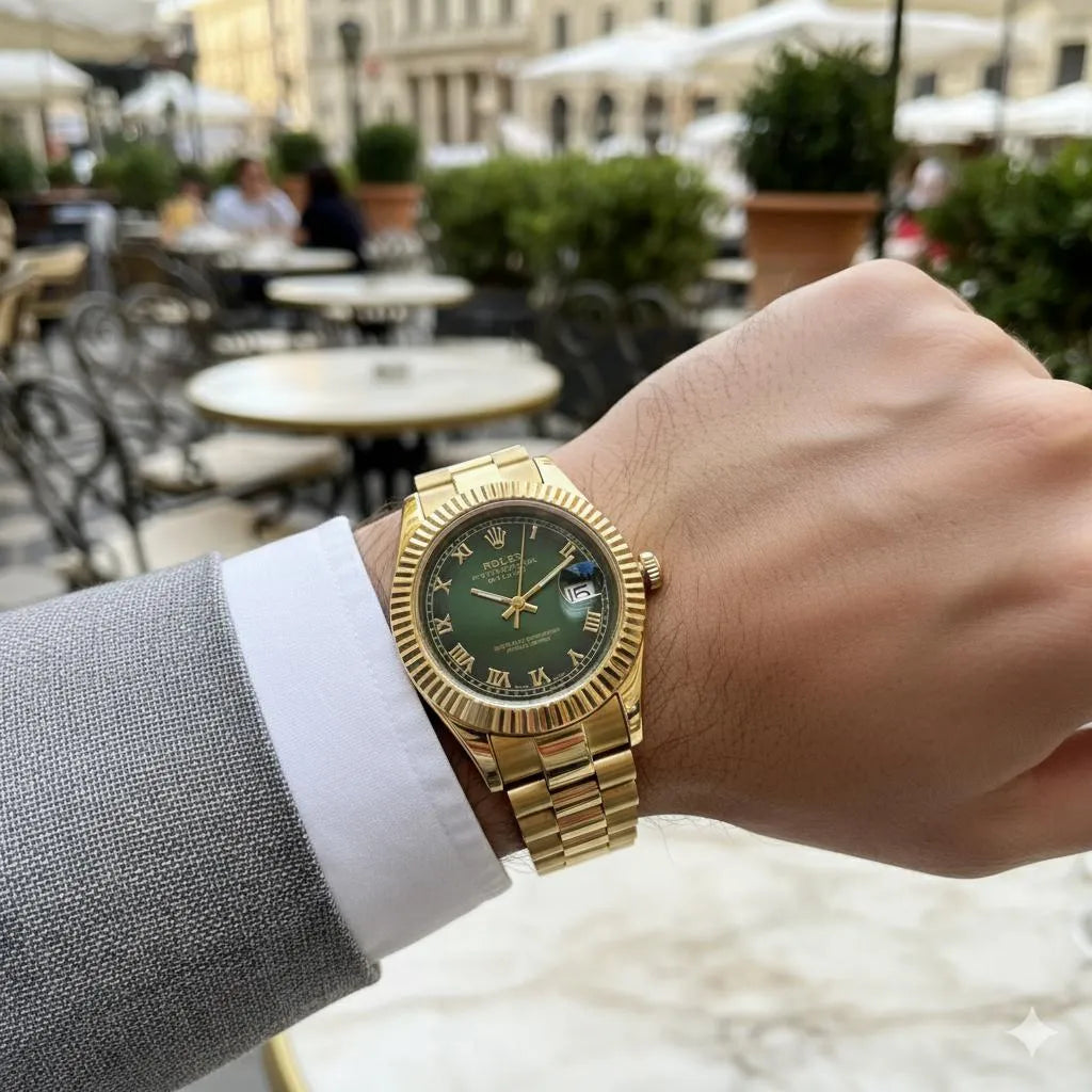 Men’s Luxury Gold Chain Watch with Olive Green Dial – Automatic Style Fluted Bezel Wristwatch